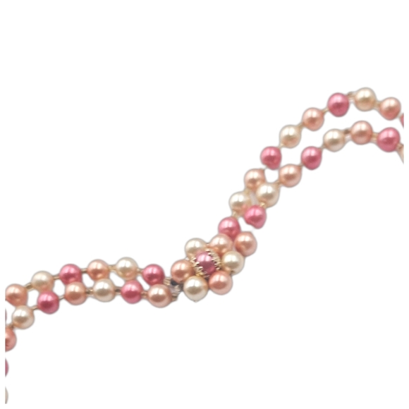 Jewelry - Pink & Cream Beaded Necklace with Floral Cluster Front Clasp